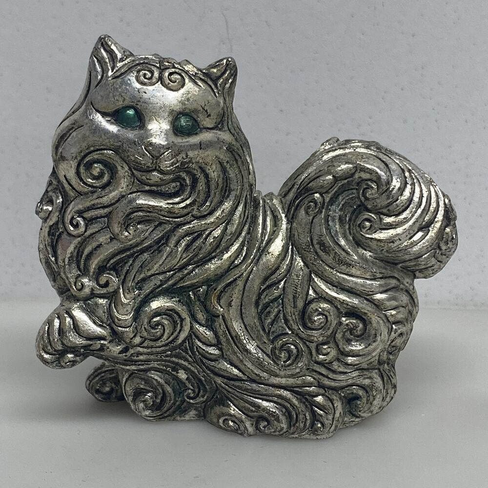 The Franklin Mint Curio Cabinet Art Nouveau Metal Cat Green Eyes Figurine Vtg